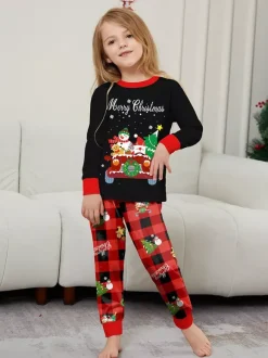 Black Red Plaid Family Christmas Pajamas Car Snowman Print 2026