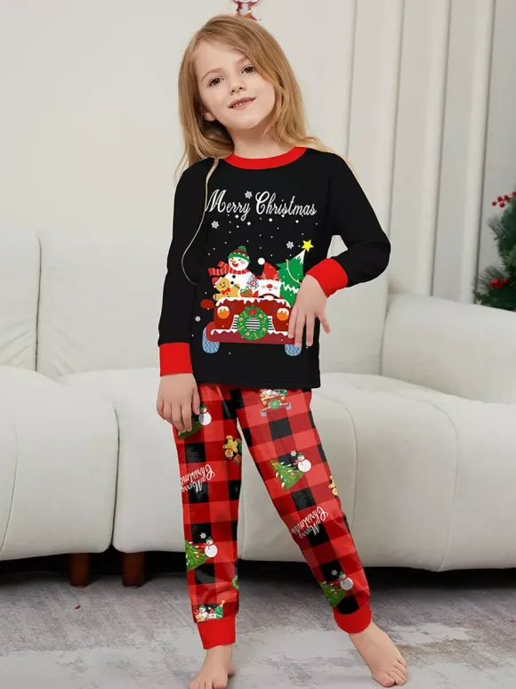 Black Red Plaid Family Christmas Pajamas Car Snowman Print 2026