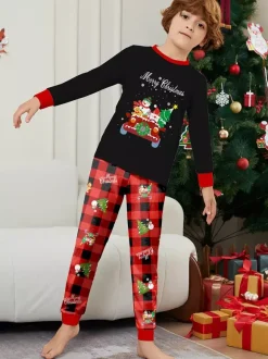 Black Red Plaid Family Christmas Pajamas Car Snowman Print 2026