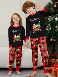 Black Red Plaid Family Christmas Pajamas Car Snowman Print 2026