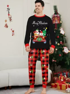 Black Red Plaid Family Christmas Pajamas Car Snowman Print 2026