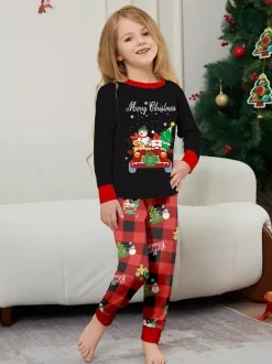 Black Red Plaid Family Christmas Pajamas Car Snowman Print 2026