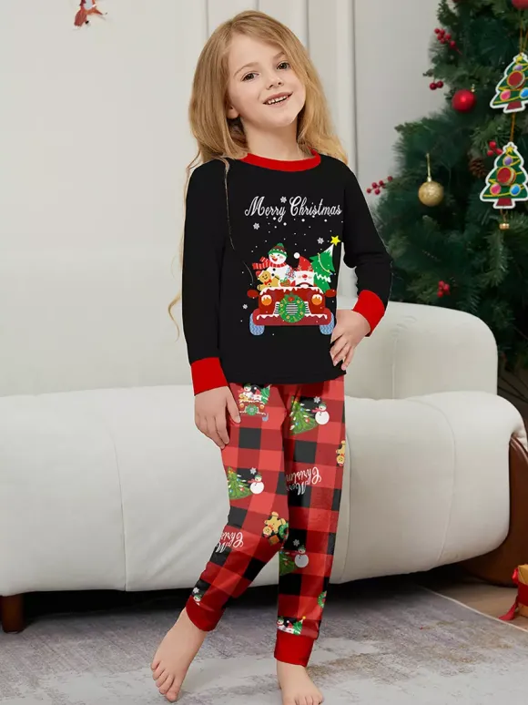 Black Red Plaid Family Christmas Pajamas Car Snowman Print 2026