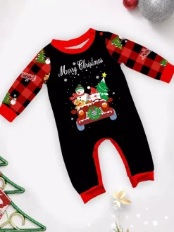 Black Red Plaid Family Christmas Pajamas Car Snowman Print 2026