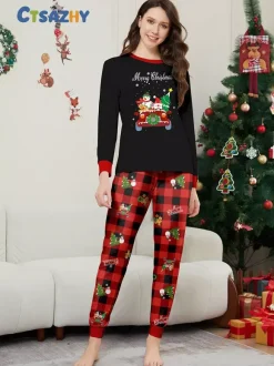 Black Red Plaid Family Christmas Pajamas Car Snowman Print 2026