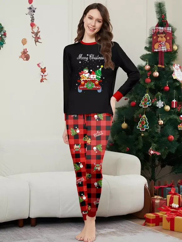 Black Red Plaid Family Christmas Pajamas Car Snowman Print 2026