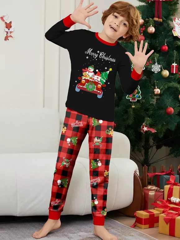 Black Red Plaid Family Christmas Pajamas Car Snowman Print 2026
