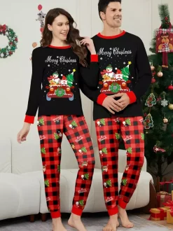 Black Red Plaid Family Christmas Pajamas Car Snowman Print 2026