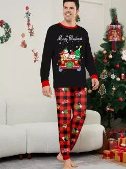 Black Red Plaid Family Christmas Pajamas Car Snowman Print 2026