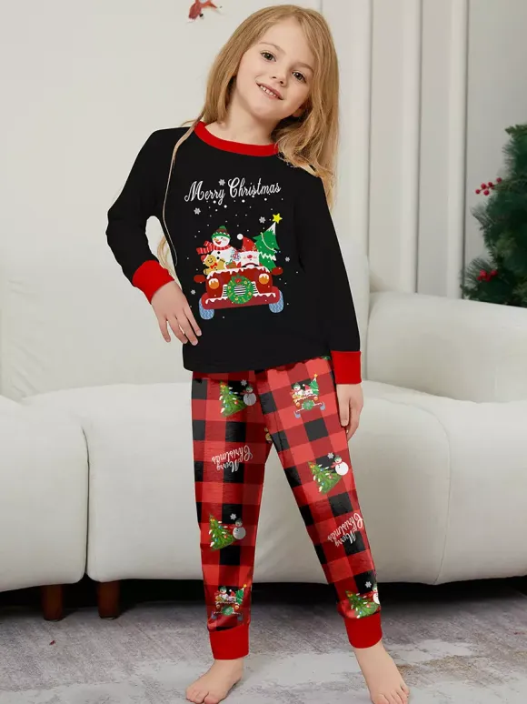 Black Red Plaid Family Christmas Pajamas Car Snowman Print 2026
