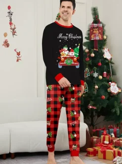 Black Red Plaid Family Christmas Pajamas Car Snowman Print 2026
