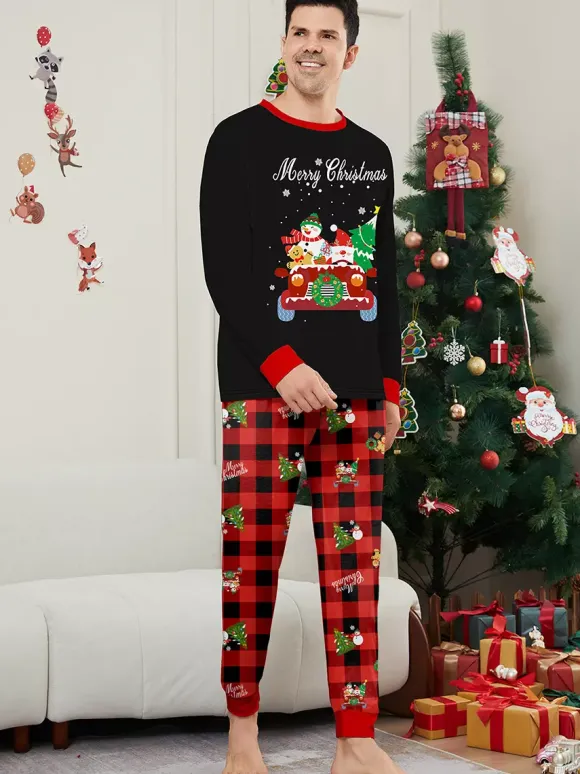 Black Red Plaid Family Christmas Pajamas Car Snowman Print 2026