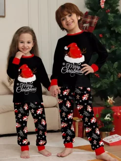 Black Red Santa Hat Gingerbread Print Family Christmas Pajamas 2026