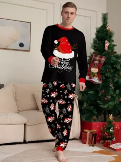 Black Red Santa Hat Gingerbread Print Family Christmas Pajamas 2026
