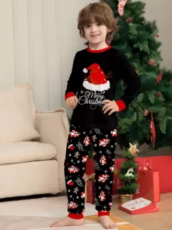 Black Red Santa Hat Gingerbread Print Family Christmas Pajamas 2026