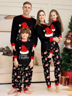 Black Red Santa Hat Gingerbread Print Family Christmas Pajamas 2026