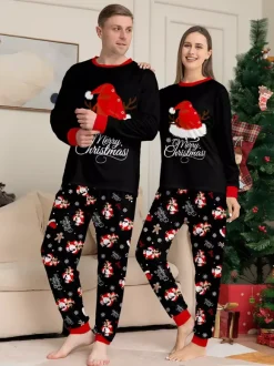 Black Red Santa Hat Gingerbread Print Family Christmas Pajamas 2026