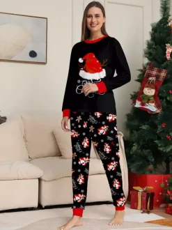 Black Red Santa Hat Gingerbread Print Family Christmas Pajamas 2026