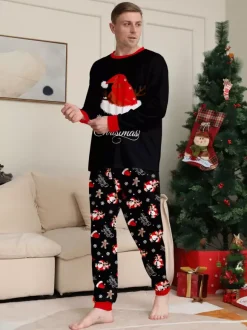 Black Red Santa Hat Gingerbread Print Family Christmas Pajamas 2026