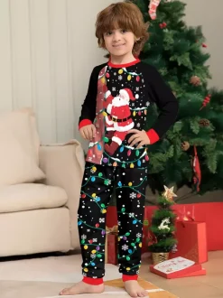 Black Red Santa Lights Print Family Christmas Pajamas Holiday Set 2026