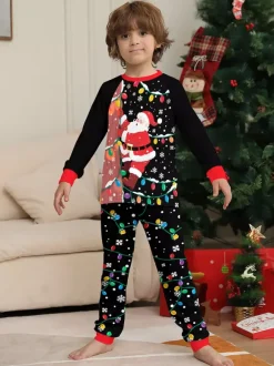 Black Red Santa Lights Print Family Christmas Pajamas Holiday Set 2026