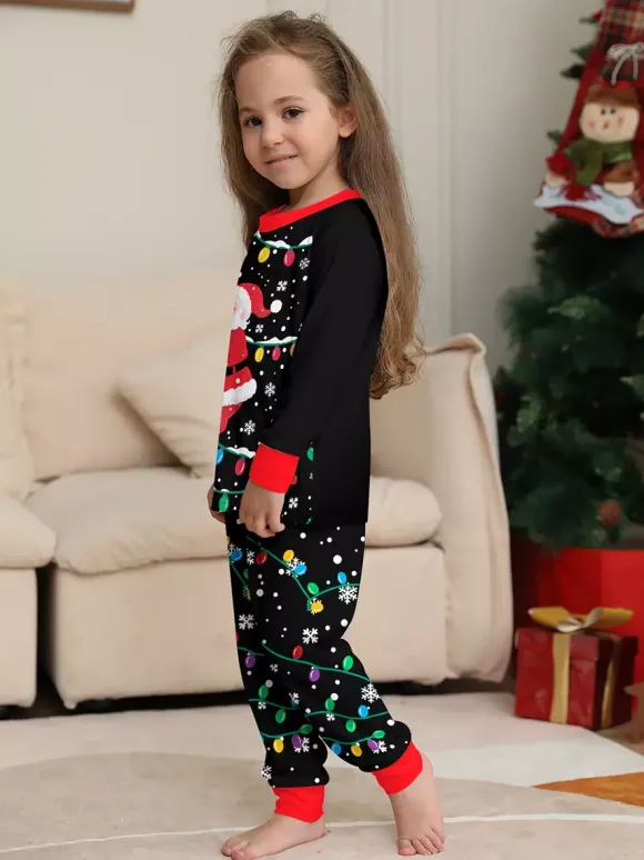Black Red Santa Lights Print Family Christmas Pajamas Holiday Set 2026