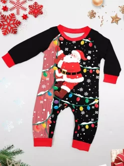 Black Red Santa Lights Print Family Christmas Pajamas Holiday Set 2026