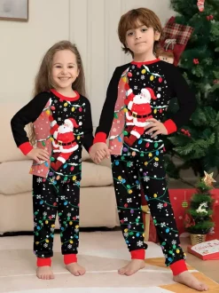 Black Red Santa Lights Print Family Christmas Pajamas Holiday Set 2026