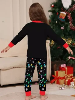 Black Red Santa Lights Print Family Christmas Pajamas Holiday Set 2026
