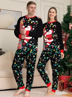 Black Red Santa Lights Print Family Christmas Pajamas Holiday Set 2026