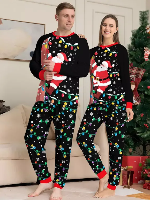 Black Red Santa Lights Print Family Christmas Pajamas Holiday Set 2026