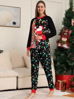 Black Red Santa Lights Print Family Christmas Pajamas Holiday Set 2026