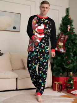 Black Red Santa Lights Print Family Christmas Pajamas Holiday Set 2026