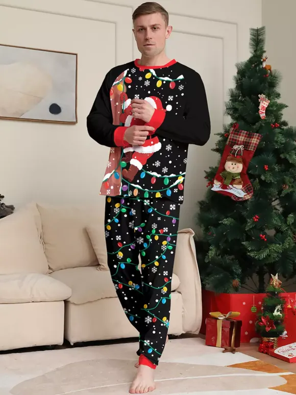 Black Red Santa Lights Print Family Christmas Pajamas Holiday Set 2026