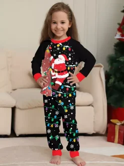 Black Red Santa Lights Print Family Christmas Pajamas Holiday Set 2026