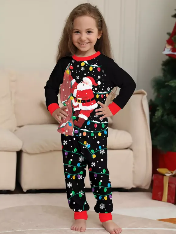 Black Red Santa Lights Print Family Christmas Pajamas Holiday Set 2026
