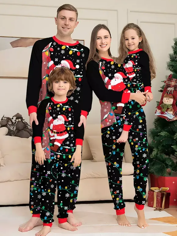 Black Red Santa Lights Print Family Christmas Pajamas Holiday Set 2026