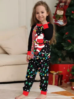 Black Red Santa Lights Print Family Christmas Pajamas Holiday Set 2026