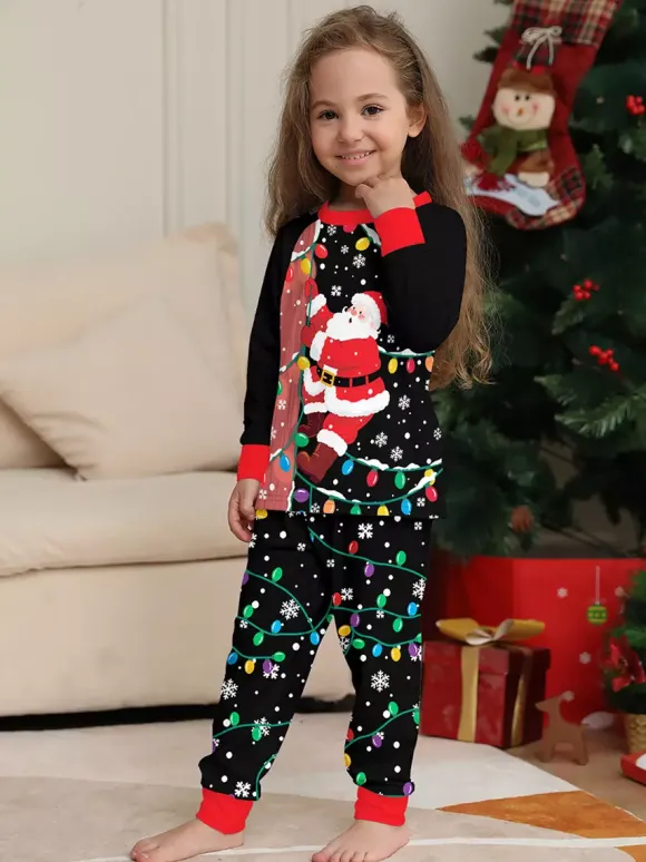 Black Red Santa Lights Print Family Christmas Pajamas Holiday Set 2026