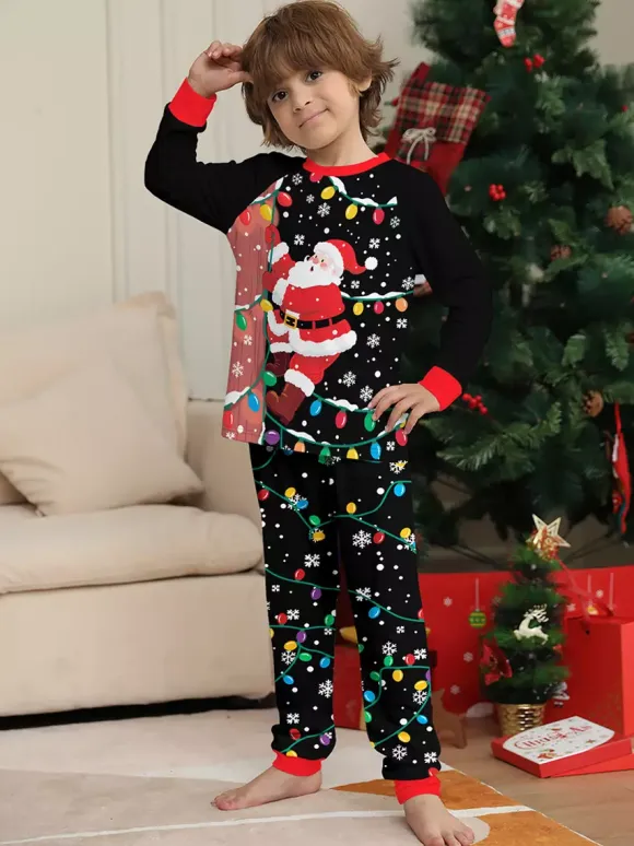 Black Red Santa Lights Print Family Christmas Pajamas Holiday Set 2026