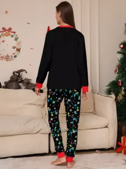 Black Red Santa Lights Print Family Christmas Pajamas Holiday Set 2026