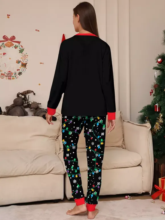 Black Red Santa Lights Print Family Christmas Pajamas Holiday Set 2026