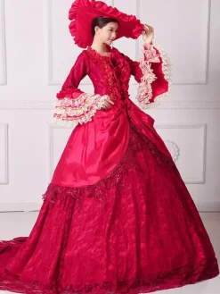 Black Retro Costumes Women's Floral Print Marie Antoinette Costume Ruffles Lace Polyester Set Dress Hat Retro 18th Century Costume Burgundy