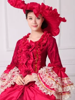Black Retro Costumes Women's Floral Print Marie Antoinette Costume Ruffles Lace Polyester Set Dress Hat Retro 18th Century Costume Burgundy