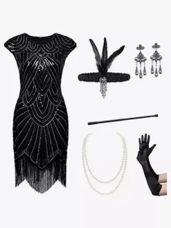 Black Retro Costumes Women's Fringe Sequins Polyester Set Accessory Dress Retro Marie Antoinette Costume Party Prom Dress Burgundy