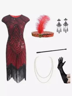Black Retro Costumes Women's Fringe Sequins Polyester Set Accessory Dress Retro Marie Antoinette Costume Party Prom Dress Burgundy