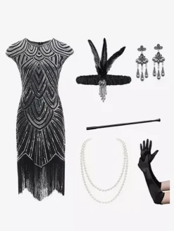 Black Retro Costumes Women's Fringe Sequins Polyester Set Accessory Dress Retro Marie Antoinette Costume Party Prom Dress Burgundy