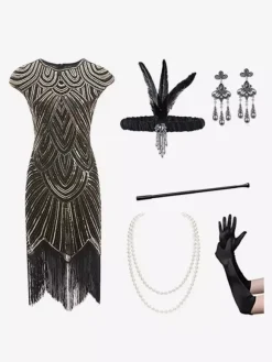 Black Retro Costumes Women's Fringe Sequins Polyester Set Accessory Dress Retro Marie Antoinette Costume Party Prom Dress Burgundy