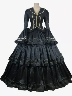 Black Retro Tudor Dress Costumes Ruffles Polyester Top Women's Retro Set Marie Antoinette Costume Masquerade Ball Gown
