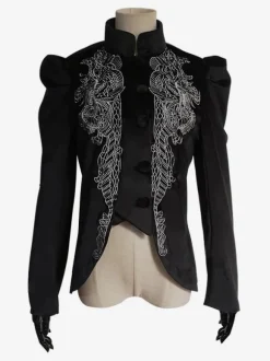 Black Retro Tudor Dress Costumes Women's Floral Print Lace Up Polyester Marie Antoinette Costume Top Overcoat Retro Masquerade Ball Gown